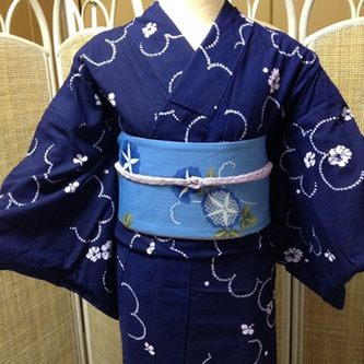 浴衣　藍染　桜色花柄